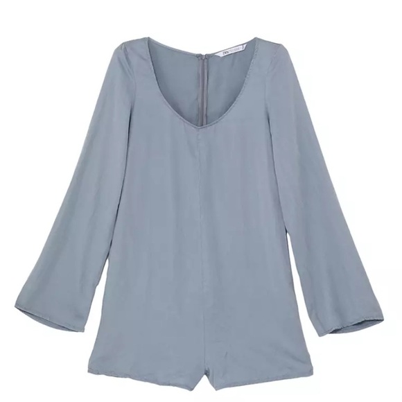 Zara Pants - Zara mod silky romper boho 60s contemporary pale blue size small long sleeve $78